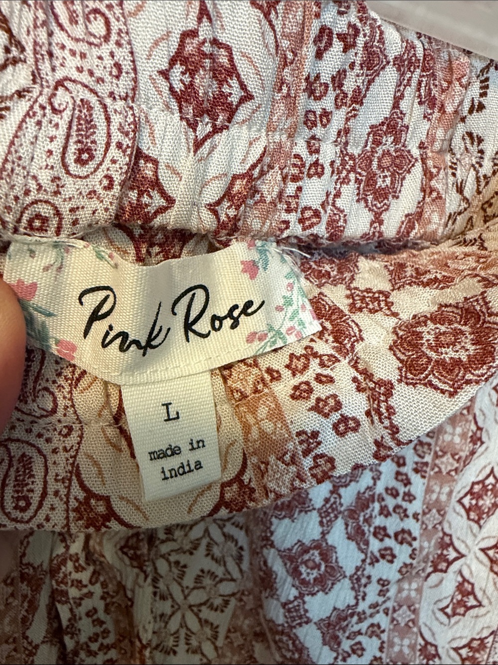 Pink Rose Size Large Rust & Cream Boho Tie-Waist Shorts With Pockets - Picture 2 of 10